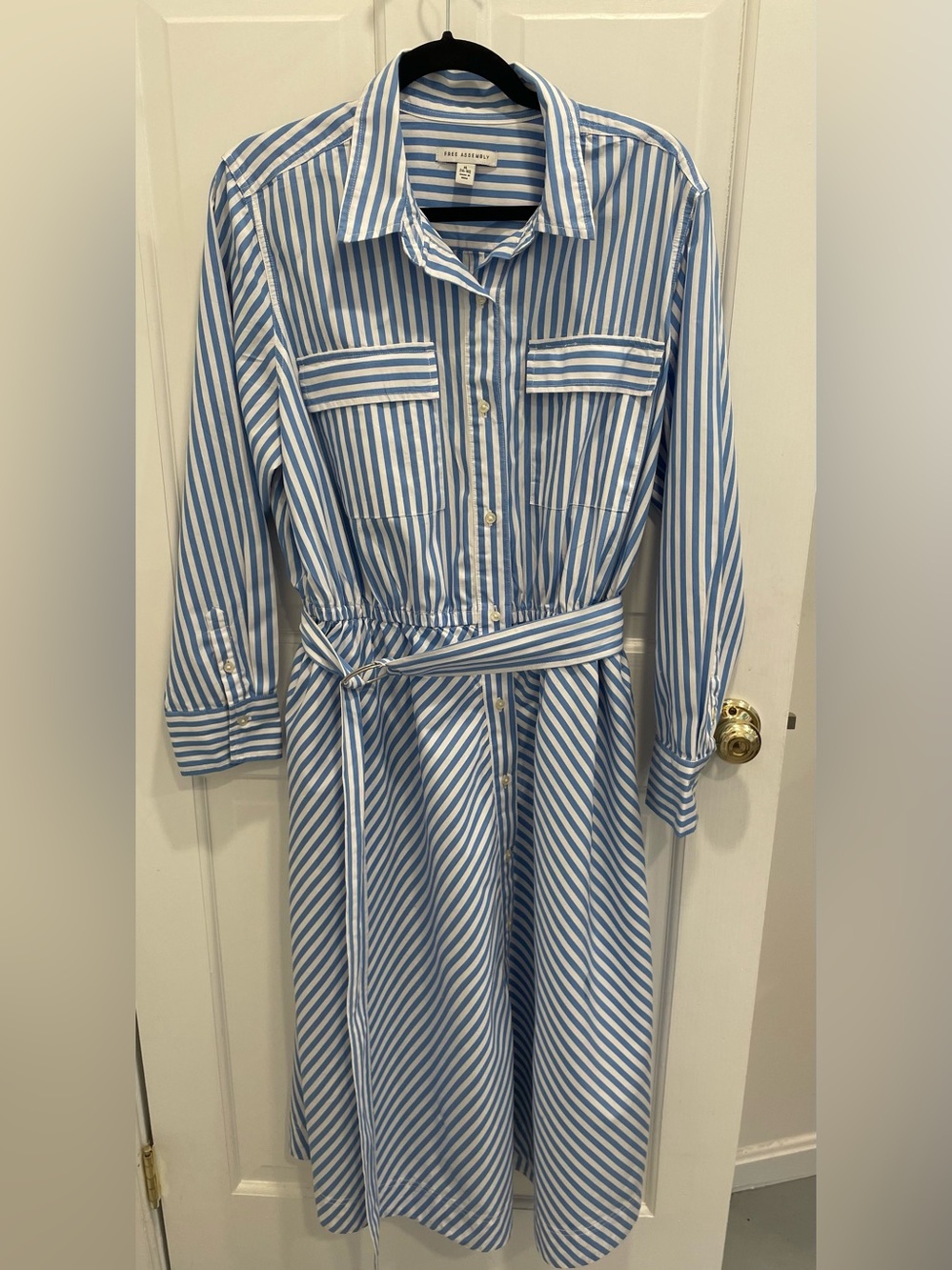 Striped Blue & White Long Sleeve Shirt Dress with Self-Tie Waist